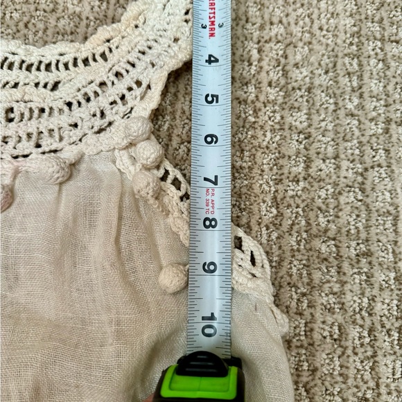 ANTHROPOLOGIE cream, linen, crocheted top with pom poms is lined and lovely. - Picture 10 of 16
